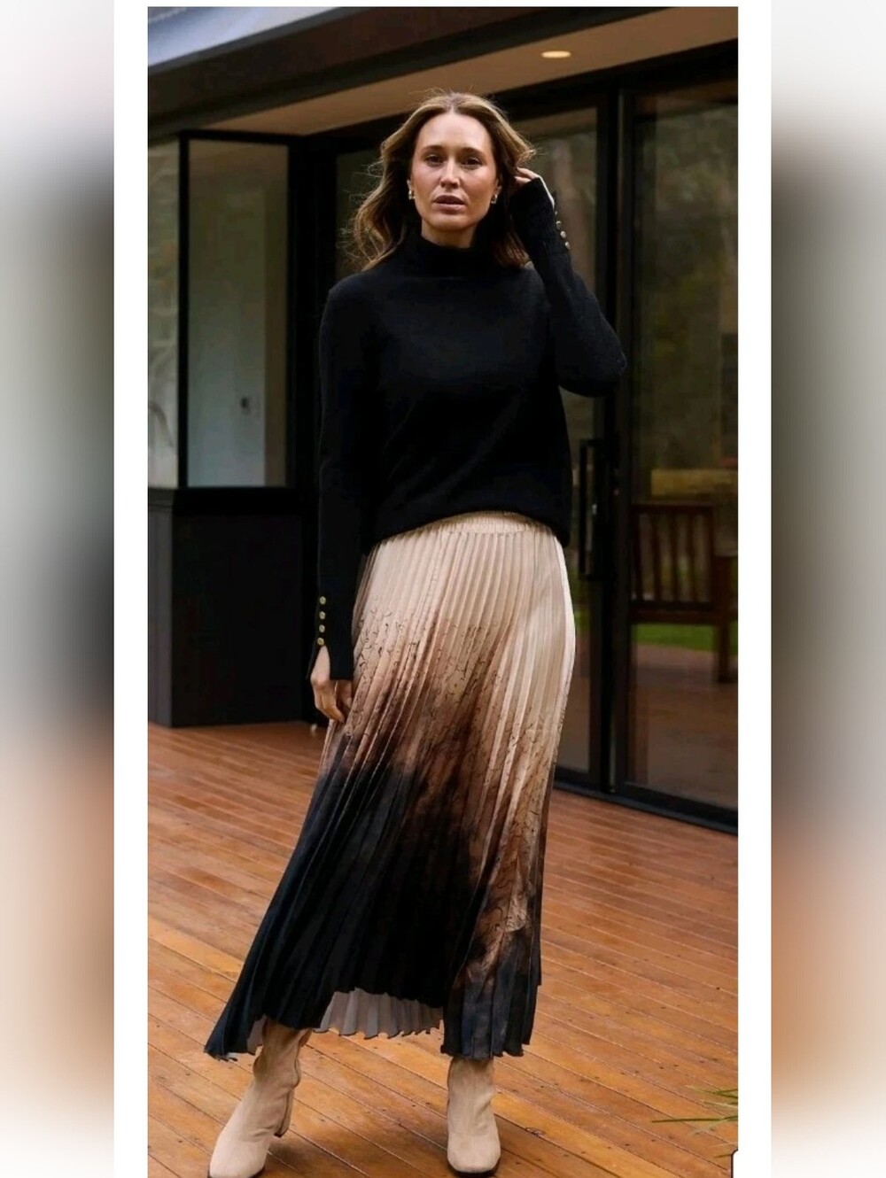 Brave+True Accordion Pleated Abstract Calligraphy Maxi Skirt Sz Med Nwt $179